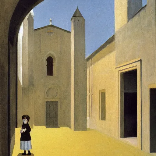 Image similar to a distant little girl with short black hair and wearing a yellow coat alone in the inner courtyard of an abbey, the light is bright and wintry, painting by hopper and de chirico