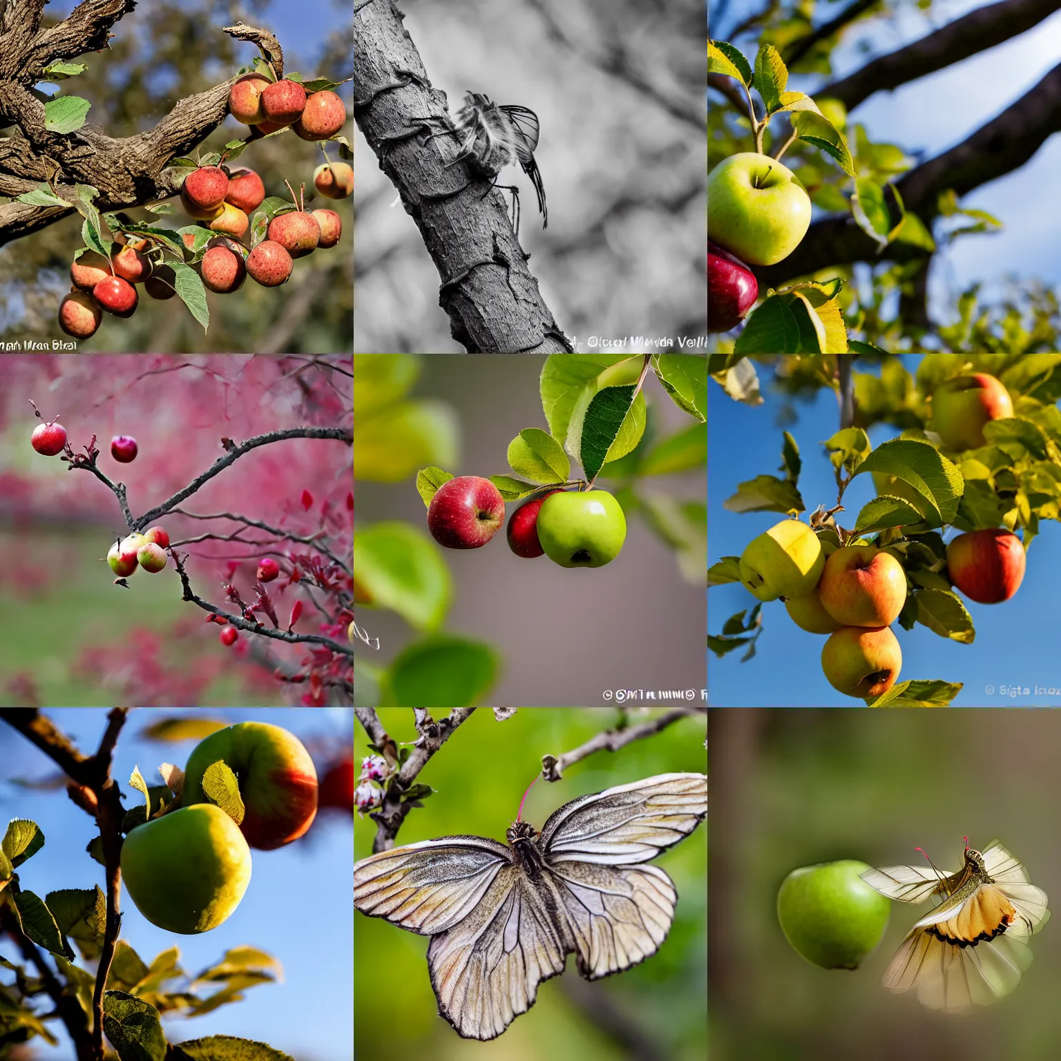 Prompt: A bitten-into apple flutters in the strong wind on the branch of an apple tree, in motion blur, Sigma 24 mm f/8, 1/10 sec.