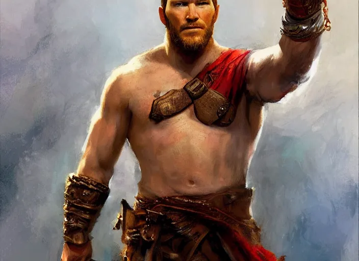 Image similar to a highly detailed beautiful portrait of chris pratt as kratos, by gregory manchess, james gurney, james jean