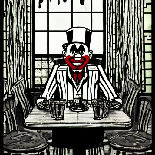 Prompt: Clown sitting in an empty diner at night, Gothic Art, color, award-winning art, horror, scary, eerie, ominous, unnerving, 8k