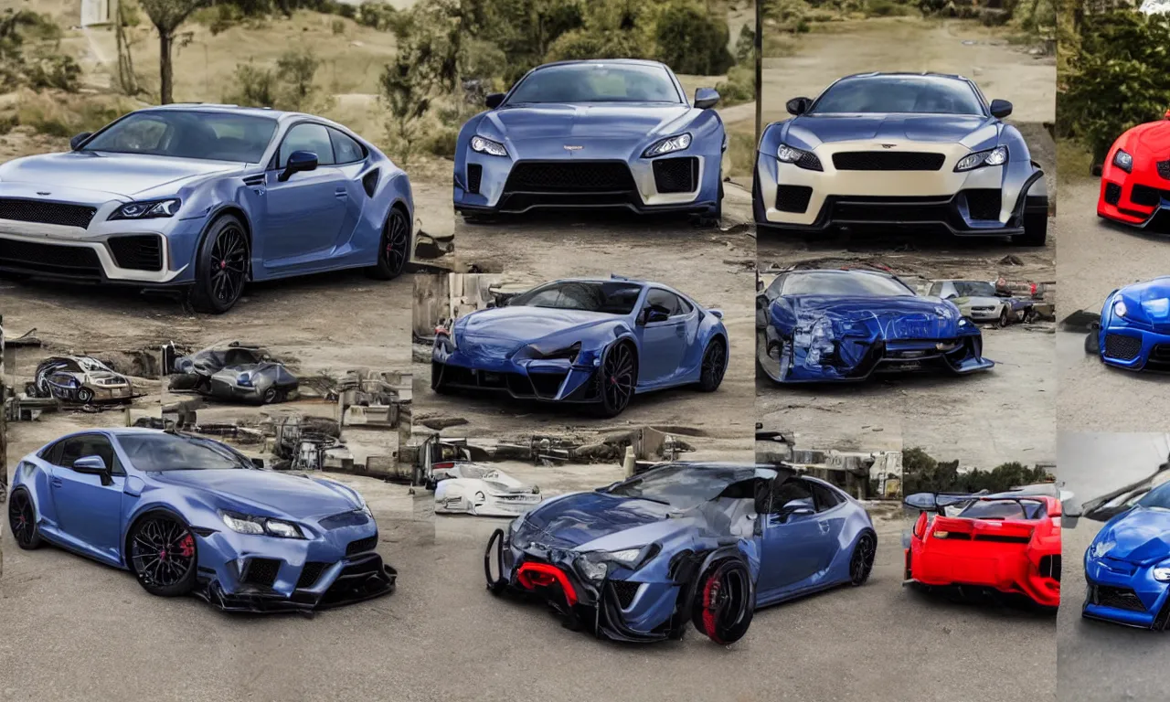 Prompt: a car made from part of brz subaru, bentayga bentley, honda civic, nissan gtr r 3 4 and lamborghini huracan