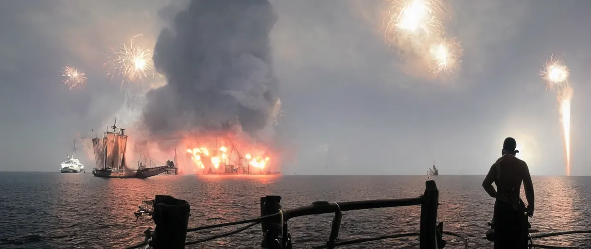 Prompt: a pirate standing on his ship, watching big explosions on the sea, beautiful atmosphere, haze