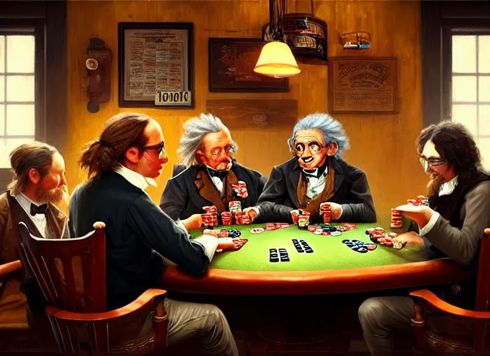 Image similar to playing poker in a saloon, Isaac Newton and Stephen Hawking and Albert Einstein, by Mandy Jurgens, trending on artstation, Richard Schmid and norman rockwell