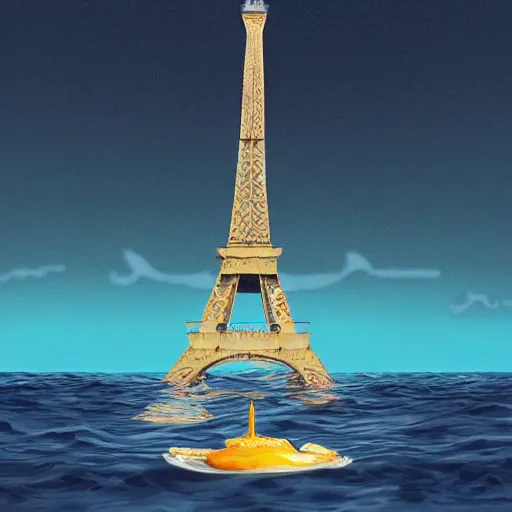 Image similar to eiffel tower is swimming in the ocean under the cheese rain on neptune planet, hyper realistic, illustration, digital art