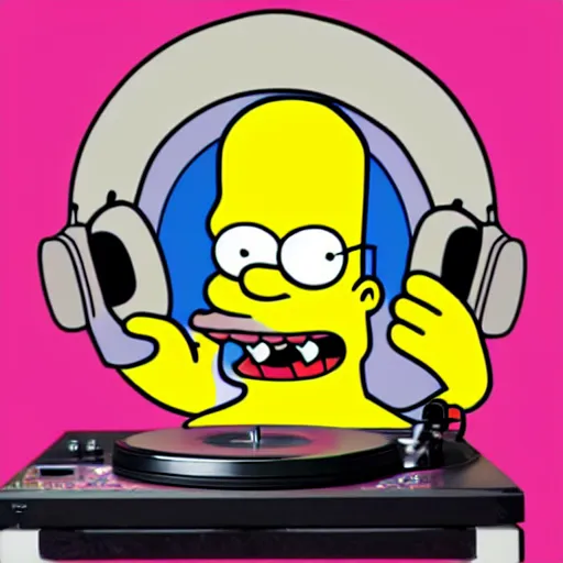 Image similar to svg sticker of a Homer-Simpson at a rave, spinning records, giant headphones rocking out, wearing headphones, huge speakers, dancing, rave, DJ, spinning records, digital art, amazing composition, rule-of-thirds, award-winning, trending on artstation, featured on deviantart