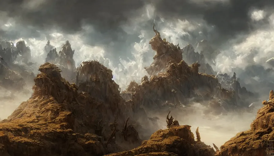 Image similar to excellent painted ancient daemon in an epic landscape in another dimension with fluffy clouds, painted by Hans Fredrik Gude, Greg Rutkowksi, Craig Mullins and Artgerm, concept art 2022, 4k, ultra realistic highly detailed oil painting