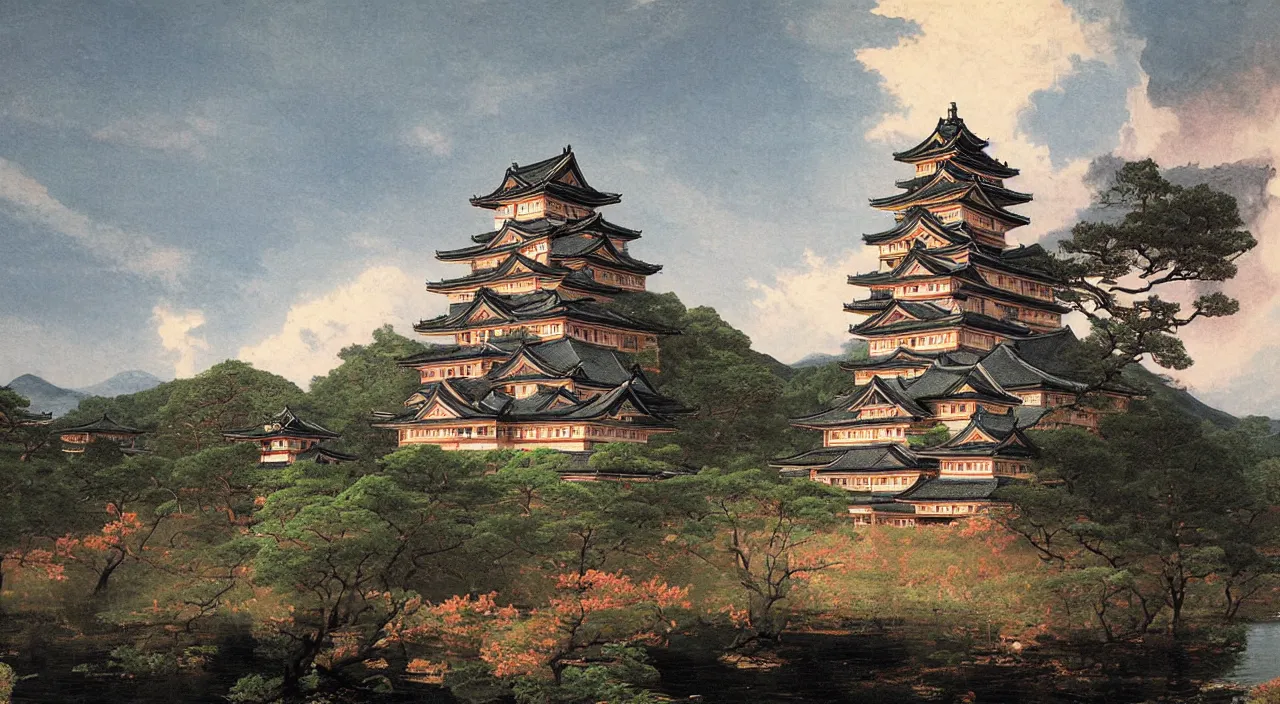 Image similar to a Japanese castle, by Thomas Cole