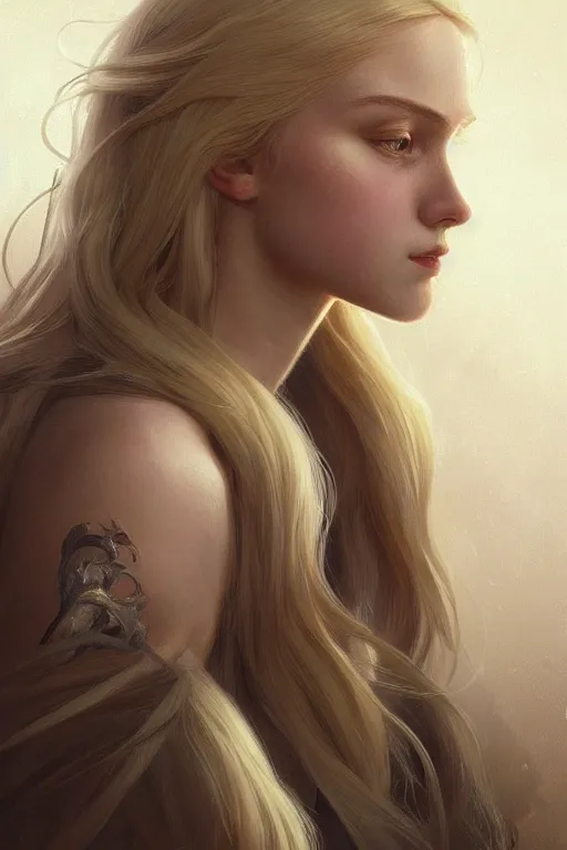 Image similar to Close-up portrait of young nordic girl, long blonde hair, dark fantasy, portrait, highly detailed, digital painting, artstation, concept art, sharp focus, illustration, art by artgerm and greg rutkowski and alphonse mucha