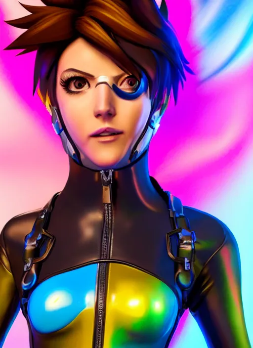 Image similar to portrait bust digital artwork of tracer overwatch, wearing iridescent rainbow latex and leather straps catsuit outfit, 4 k, expressive happy smug expression, makeup, in style of mark arian, angel wings, wearing detailed leather collar, chains, black leather harness, detailed face and eyes,
