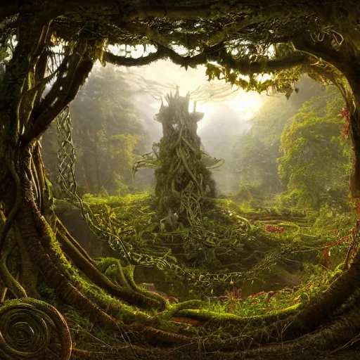 Prompt: a beautiful and highly detailed matte painting of a wooden elven temple in a magical fantasy garden in a lush forest, celtic knots, ancient runes, knotted trees, tangled vines, intricate details, epic scale, insanely complex, 8 k, sharp focus, hyperrealism, very realistic, by caspar friedrich, albert bierstadt, james gurney, brian froud,