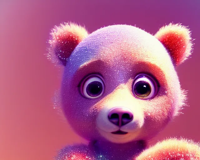 Image similar to a cute cute baby bear cub, big eyes, soft scale texture, pastel colours, colorful, shiny glitter crystals, cute, adorable, pixar animation style, detailed, soft light, octane render, cute, 4 k,