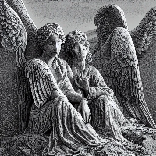 Image similar to weeping angel statues in the mohave desert, high detail, dramatic light, illustration by gustave dore