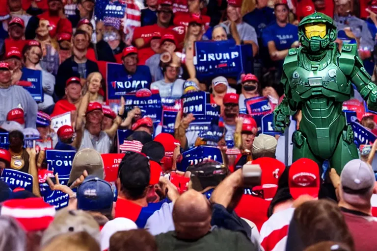 Image similar to diorama effect photo of master chief at a trump rally