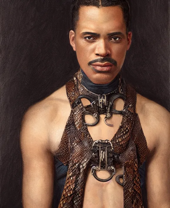 Prompt: a dark skinned man wearing an intricate and detailed inticate suspenders set, wrapped in a python, honey birdette, realistic renaissance portrait, highly detailed, digital painting, artstation, concept art, smooth, sharp focus, cinematic lighting, art by john collier, artgerm and greg rutkowski and alphonse mucha and jacques louis david