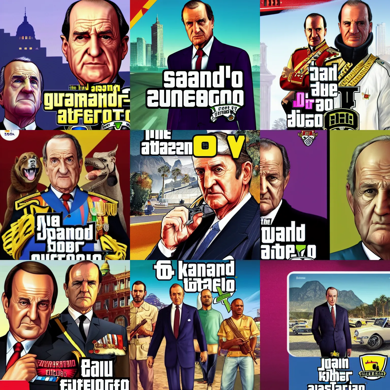 Prompt: The King Juan Carlos I de Borbón on GTA V cover art