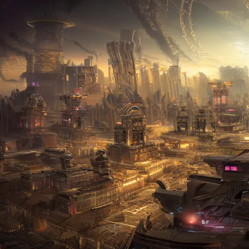 Image similar to a scene of a beautiful intricate epic futuristic pharaoh city with cyber pyramids and neo sphynx with steampunk vehicles taken from a distance, minimalist, cinematic lighting