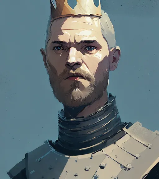 Image similar to portrait of a king ( game of thrones ) hard look, armor by atey ghailan, by greg rutkowski, by greg tocchini, by james gilleard, by joe fenton, by kaethe butcher, dynamic lighting, gradient light blue, brown, blonde cream and white color scheme, grunge aesthetic