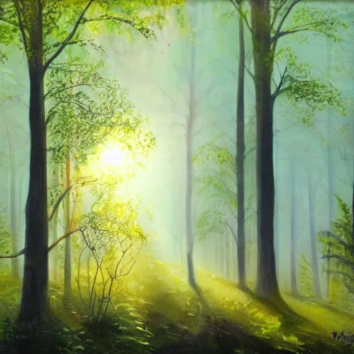 Image similar to a painting of a forest clearing in the morning with sun shining through the trees, mystical, magical