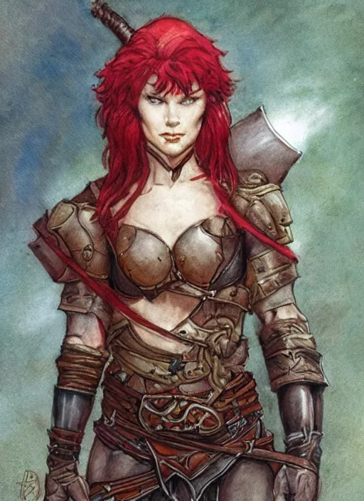 Image similar to portrait of strong female ranger, beautiful! coherent! dungeons and dragons character, by brian froud, strong line, deep color, leather armor, short red hair, high contrast