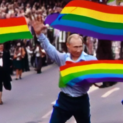 Image similar to putin dancing in a pride parade, film still, photography