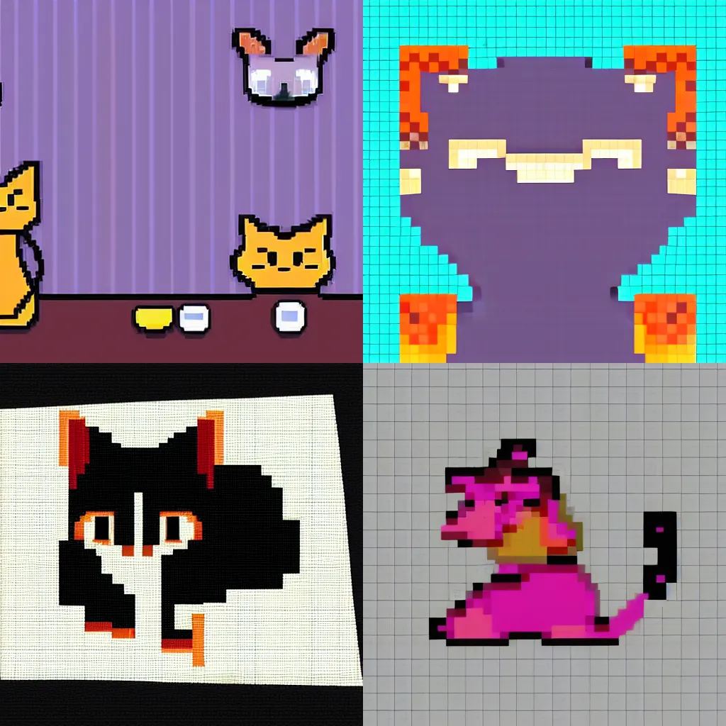 Prompt: A cat sitting on bed, pixel art
