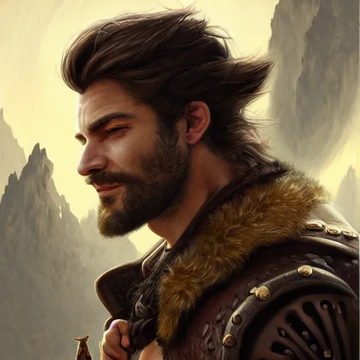 Image similar to portrait of a young, ruggedly handsome swordsman with a corgi head, soft hair, muscular, half body, leather, hairy, d & d, fantasy, intricate, elegant, highly detailed, digital painting, artstation, concept art, smooth, sharp focus, illustration, art by artgerm and greg rutkowski and alphonse mucha