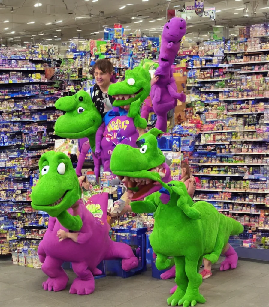Prompt: barney the dinosaur takes over tesco