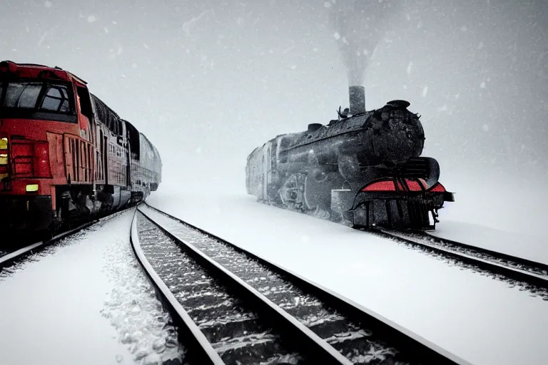 Image similar to an old locomotive rushing through snow storm in high speed, white steam on the side, dark smoke with fire! from the pipes, dynamic angled shot, speed lines, fire particles and snowflakes everywhere, 8 k, hyperrealistic, ultra sharp, octane render, unreal engine, artstation, very detailed, 1 6 k, eerie moon eclipse cinematic scenery