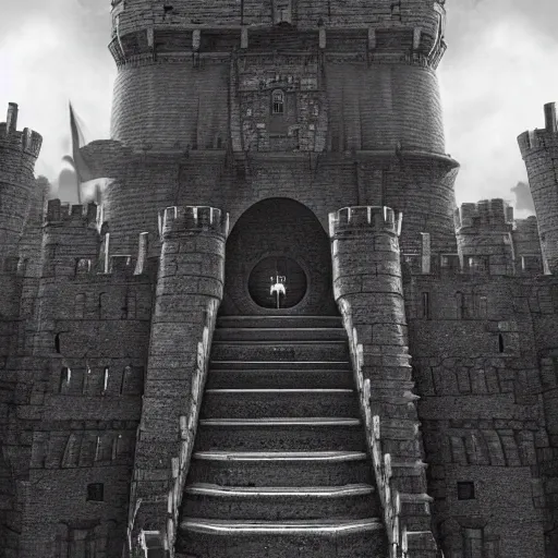 Prompt: an ultra detailed black and white tarot card of the keep of the evil patriarch, massive castle walls with a tall black tower, battlements with soldiers, twilight, artstation, volumetric lighting, exquisite detail, octane render, 8 k postprocessing, art by john collier and albert aublet