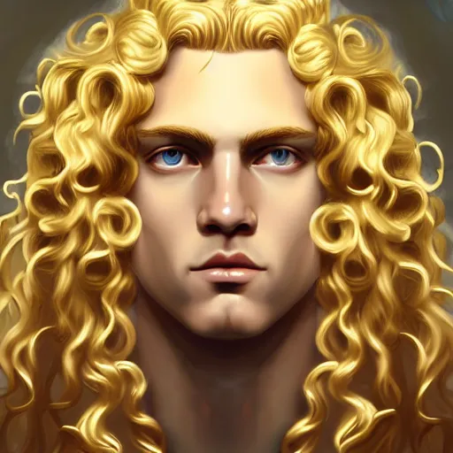 Image similar to Apollo the pale blond androgynous god of the sun, highly detailed, very very very curly golden blond hair, baroque drill curls, curtain bangs, central parted fringe, extremely luscious curly blond hair, very very very pale white skin, digital painting, artstation, concept art, soft light, sharp focus, illustration