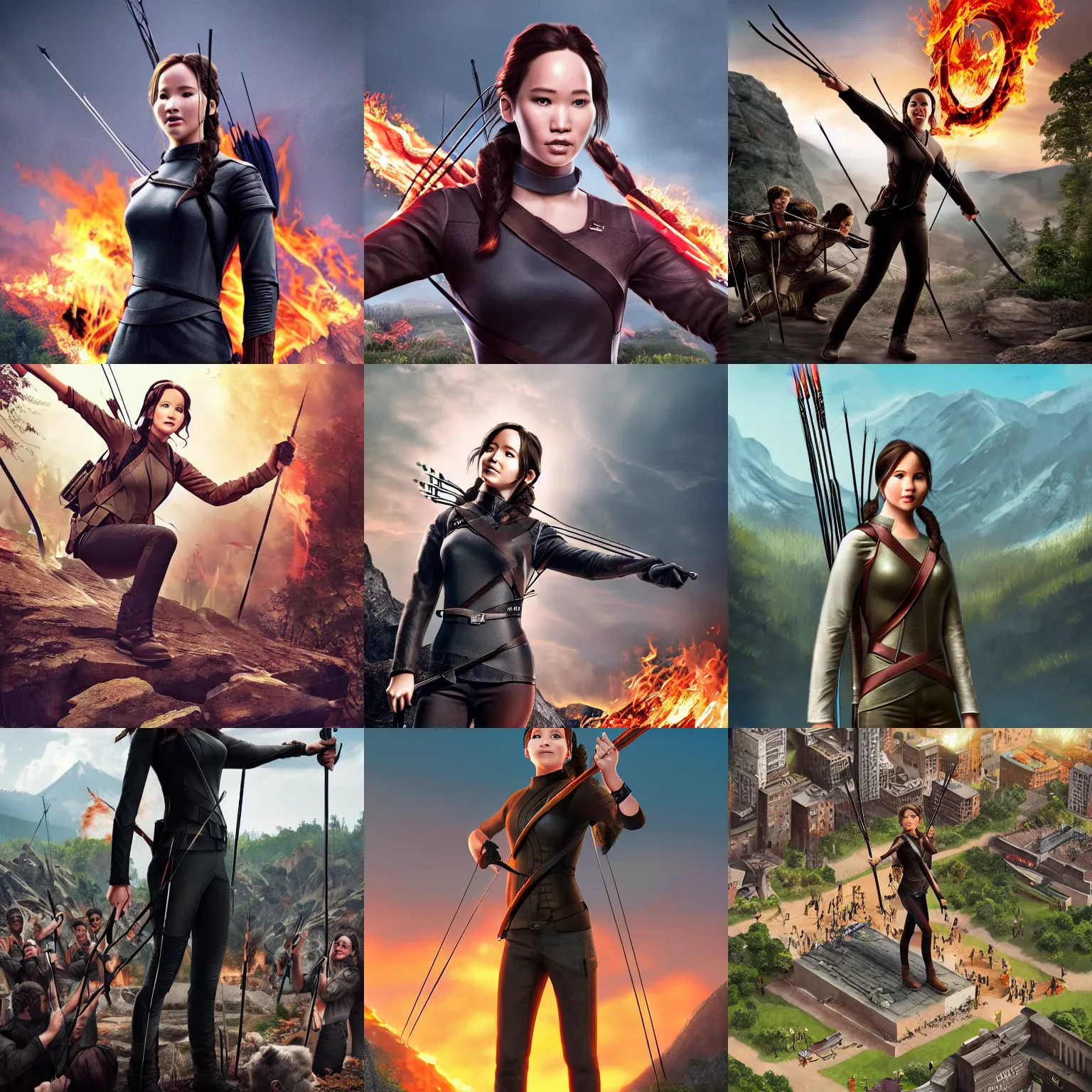 Prompt: Giant Katniss Everdeen stands next to a town, surrounded by people, digital art, trending on ArtStation, Gulliver's Travels