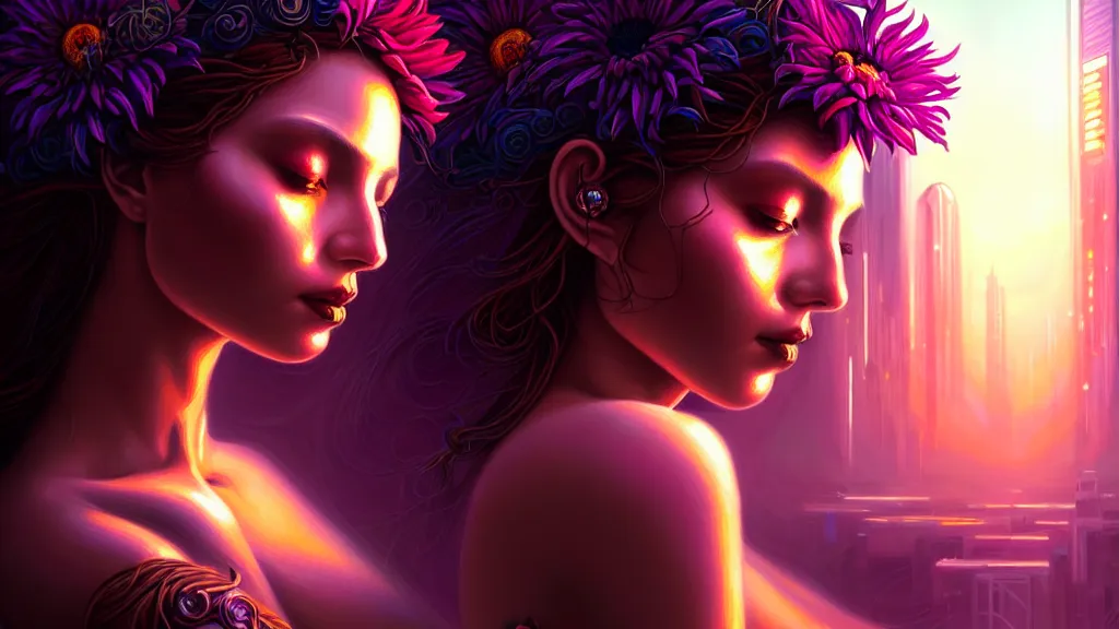 Prompt: a beautiful closeup portrait painting of a singular flower goddess in a sensual pose, in the style of dan mumford artwork, in the background a futuristic cyberpunk city with lit windows is seen.