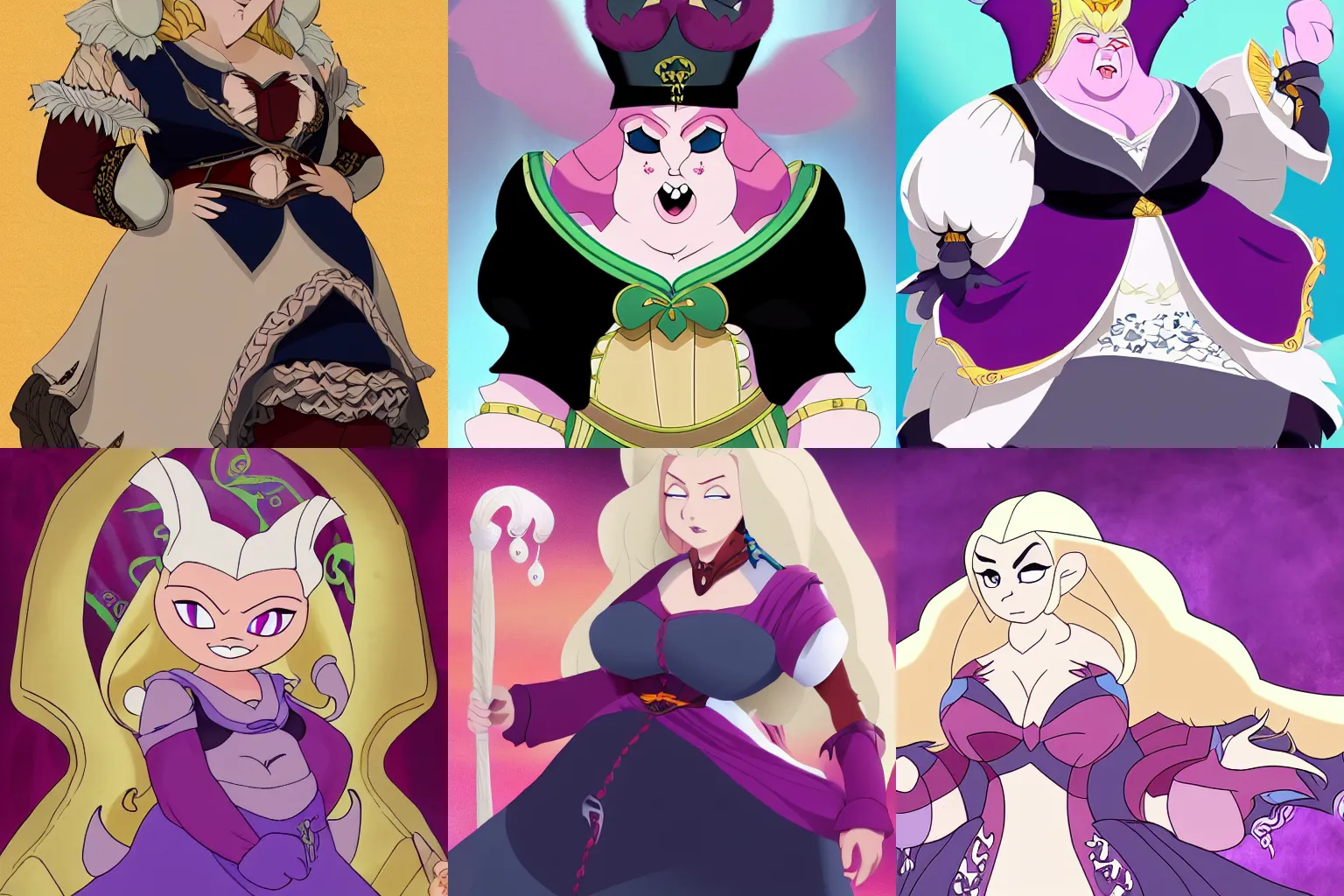 Prompt: the daughter of ursula and misses puff, fat, blonde, black cloaths, villan style, 2 d, animation, detailed