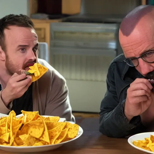 Prompt: jesse pinkman eating nachos with walter white, 4 k