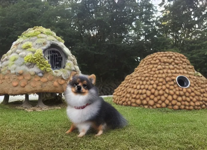 Image similar to a tan pomeranian in front of a mushroom house