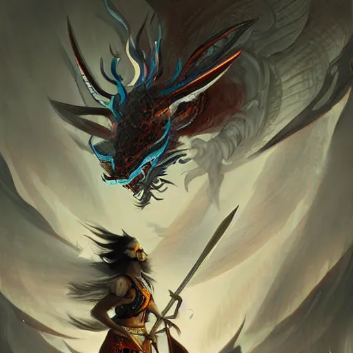 warrior man dragon fight anime futuristic illustration mystical