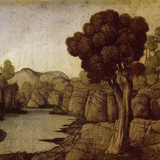 Image similar to a beautiful landscape, river, rocks, trees, by leonardo davinci