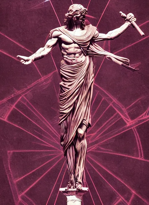 Image similar to elegant dark design poster showing a beautiful greco roman statue of hermes, black background with very subtle red and purple design elements, bold, powerful, nekro, vito acconci, thin straight purple lines, dark, glitch art, neo vaporwave, gritty, layout frame, square, trending on artstation