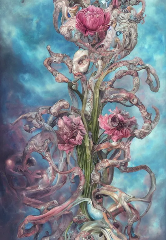 Image similar to a biomorphic painting of a vase with flowers and eyeballs in it, a surrealist painting by Marco Mazzoni, by Dorothea Tanning, Peter Mohrbacher, pastel blues and pinks, featured on artstation, metaphysical painting, oil on canvas, fluid acrylic pour art, airbrush art, seapunk, rococo, lovecraftian