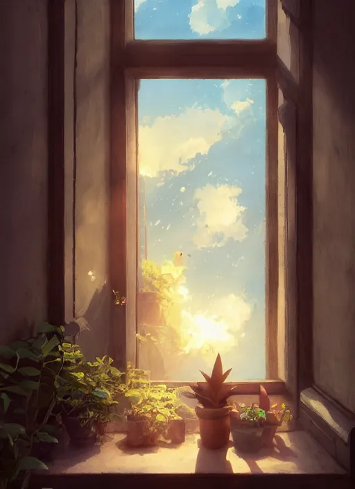 Image similar to a flow in a clay pot on a window sill. sunbeams, atmospheric lighting. by makoto shinkai, stanley artgerm lau, wlop, rossdraws, james jean, andrei riabovitchev, marc simonetti, krenz cushart, sakimichan, d & d trending on artstation, digital art.