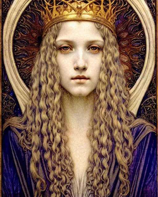 Image similar to detailed realistic beautiful young medieval queen face portrait by jean delville, gustave dore and marco mazzoni, art nouveau, symbolist, visionary, gothic, pre - raphaelite. horizontal symmetry