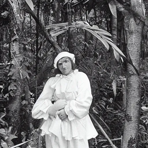 Image similar to a roset conrad of reimu in the jungle wearing bonnet