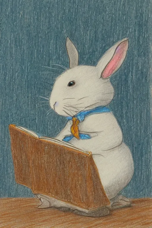 Image similar to drawing of white rabbit reading a book,Beatrix Potter, turquoise