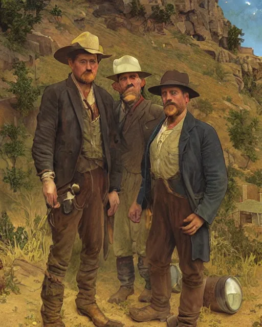 Prompt: portrait of three Appalachian bootlegger boys with detailed features and a moonshining still in the background, dutch camera view, moonshine jars, dirt, Appalachian mountains, sharp focus, illustration, highly detailed, oil painting, matte, art by Greg Rutkowski and Alphonse Mucha, masterpiece