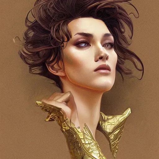 Image similar to Sandman with a gold suit, portrait, intricate, elegant, highly detailed, digital painting, artstation, concept art, smooth, sharp focus, illustration, art by artgerm and greg rutkowski and alphonse mucha