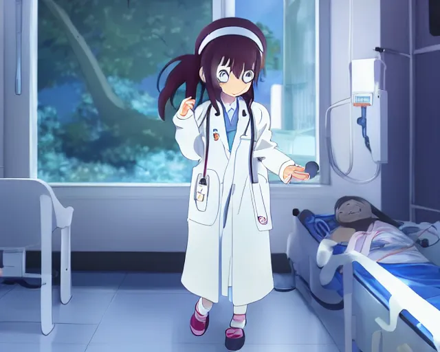 Image similar to a cute young female doctor wearing white coat with a little girl in a hospital, slice of life anime, lighting, anime scenery by Makoto shinkai