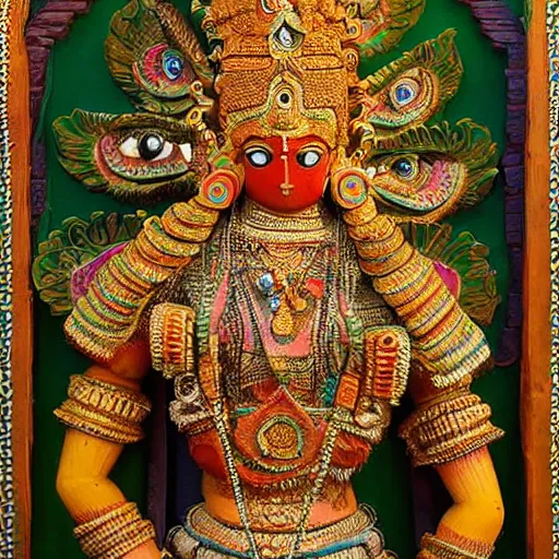 Image similar to a woman wearing an armor and head - dress. the armor and head - dress is made out of the colors, textures and sculptures of the meenakshi temple in madurai. intricate. detailed.