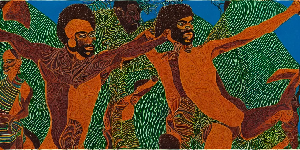 Prompt: an abstract tropical landscape, portrait of a hirsute dark - skinned greek god dancing. 2 4 mm, photorealistic, muted color scheme, directed by mati klarwein