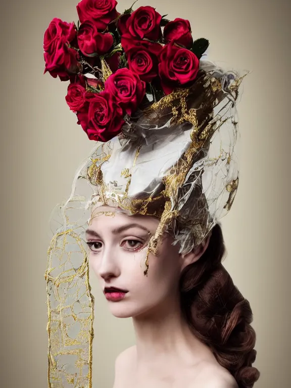 Image similar to a 65mm fashion headshot portrait of a catholic veiled Princess who has rococo dramatic headdress with roses,by Annie Stegg and Jovana Rikalo and VICTOR NIZOVTSEV and Nekro and Billelis, GUCCI,DIOR,avian-inspired,beaded embroidery,trending on pinterest,hyperreal,Kintsukuroi,gold,maximalist