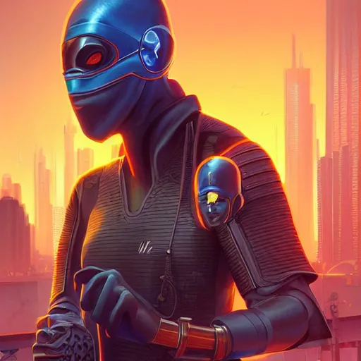 Image similar to ninja cyborgs portrait in cybercity, golden hour, poster by michael whelan and gilbert williams and evgeny lushpin and artgerm and alena aenami, highly detailed